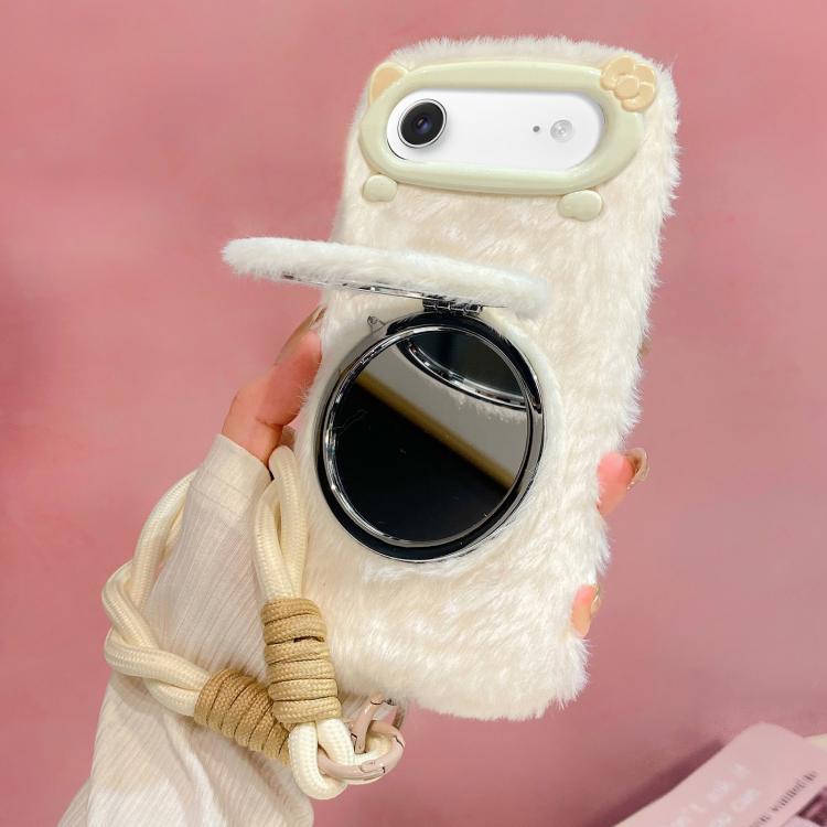 For iPhone Air 3D Bow-Tie Cat Mirror Holder Plush Phone Case with Strap(Beige)