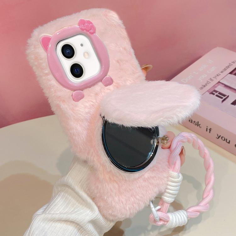 For iPhone 12 3D Bow-Tie Cat Mirror Holder Plush Phone Case with Strap(Pink)