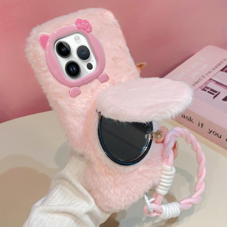 For iPhone 12 Pro Max 3D Bow-Tie Cat Mirror Holder Plush Phone Case with Strap(Pink)