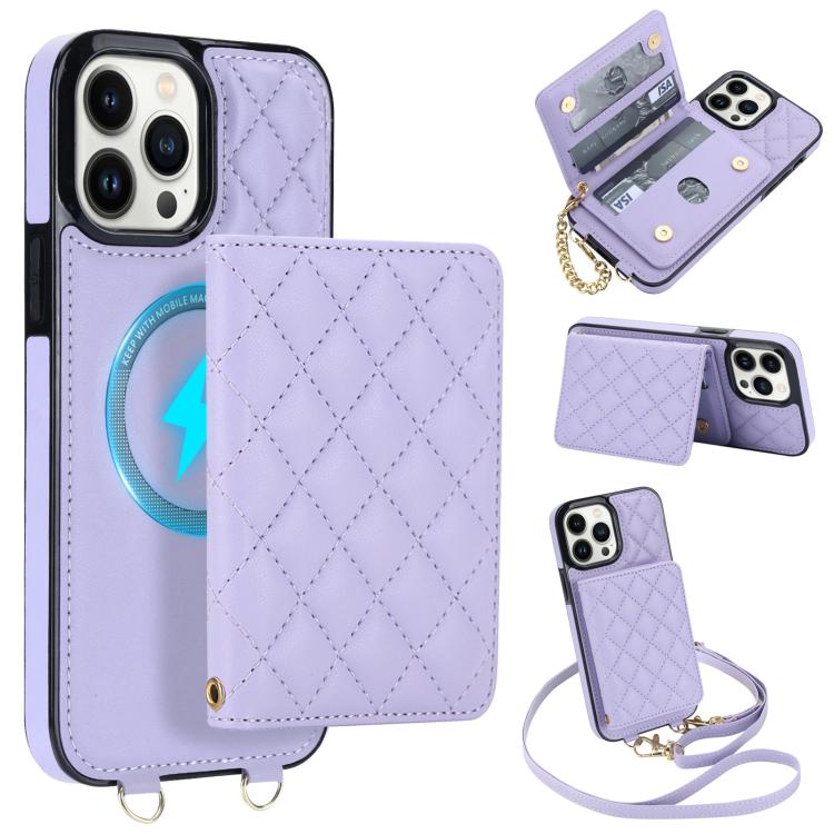 For iPhone 15 Pro Rhombic Card Bag Magnetic Phone Case with Crossbody & Wrist Strap(Purple)