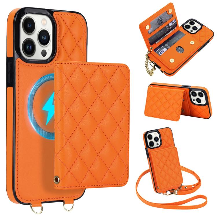 For iPhone 14 Pro Max Rhombic Card Bag Magnetic Phone Case with Crossbody & Wrist Strap(Orange)
