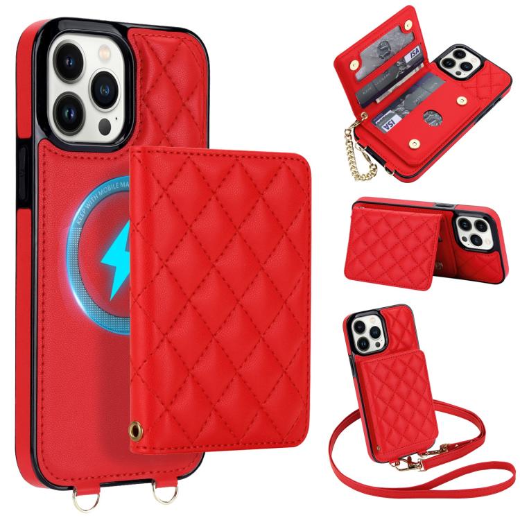 For iPhone 12 Pro Max Rhombic Card Bag Magnetic Phone Case with Crossbody & Wrist Strap(Red)