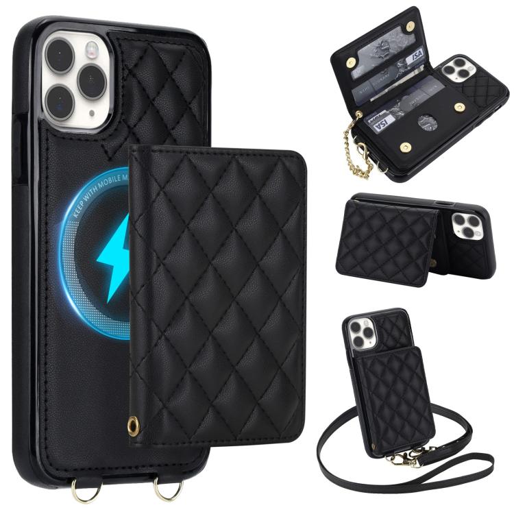 For iPhone 11 Pro Max Rhombic Card Bag Magnetic Phone Case with Crossbody & Wrist Strap(Black)