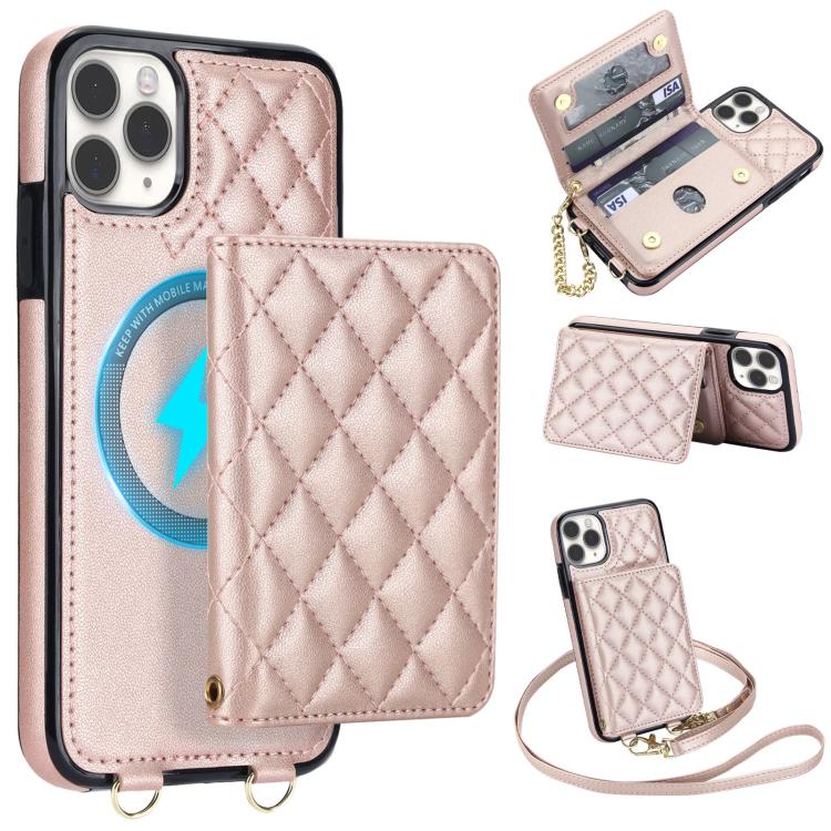 For iPhone 11 Pro Rhombic Card Bag Magnetic Phone Case with Crossbody & Wrist Strap(Rose Gold)