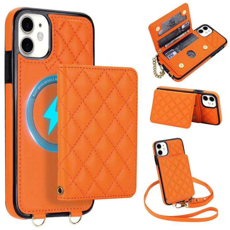 For iPhone 11 Rhombic Card Bag Magnetic Phone Case with Crossbody & Wrist Strap(Orange)