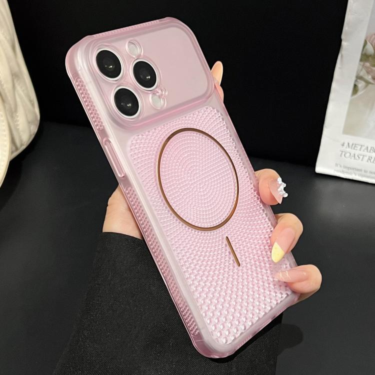 For iPhone 15 Pro Precision-cut Magnetic Ring Heat-Dissipating PC Phone Case(Translucent Pink)