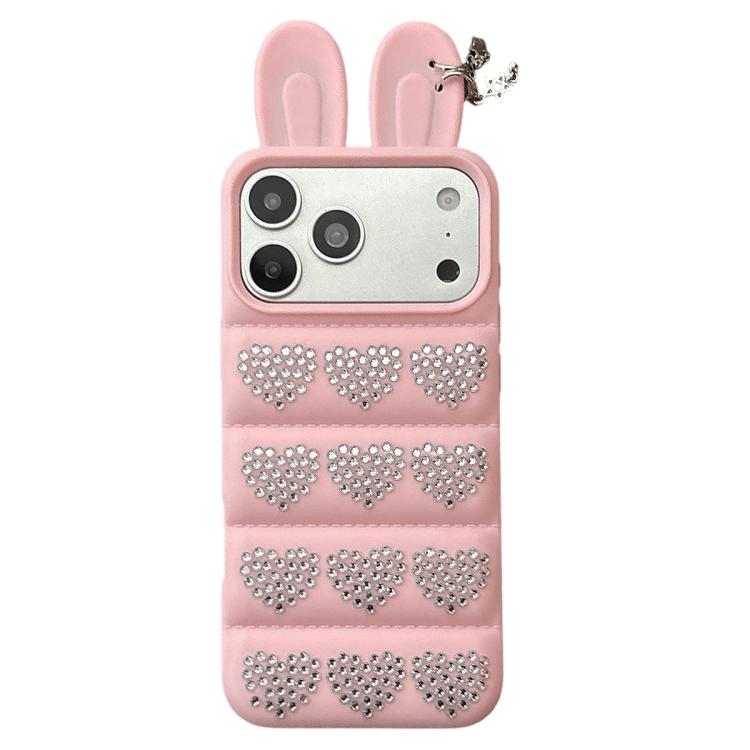 

For iPhone 17 Pro Max Rhinestone Hearts Bunny Ears Puffer Jacket TPU Phone Case(Pink)