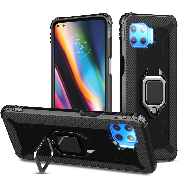 

For Motorola Moto G 5G Plus Carbon Fiber Protective Case with 360 Degree Rotating Ring Holder(Black)