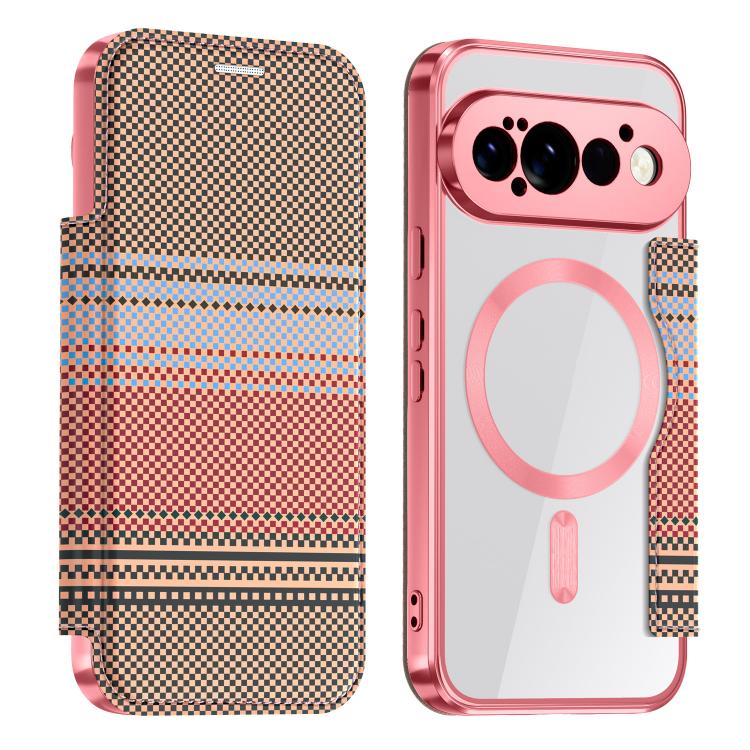 For Google Pixel 11 Pro XL Color-plaid Shield Magnetic RFID Vegan Leather Phone Case(Pink)