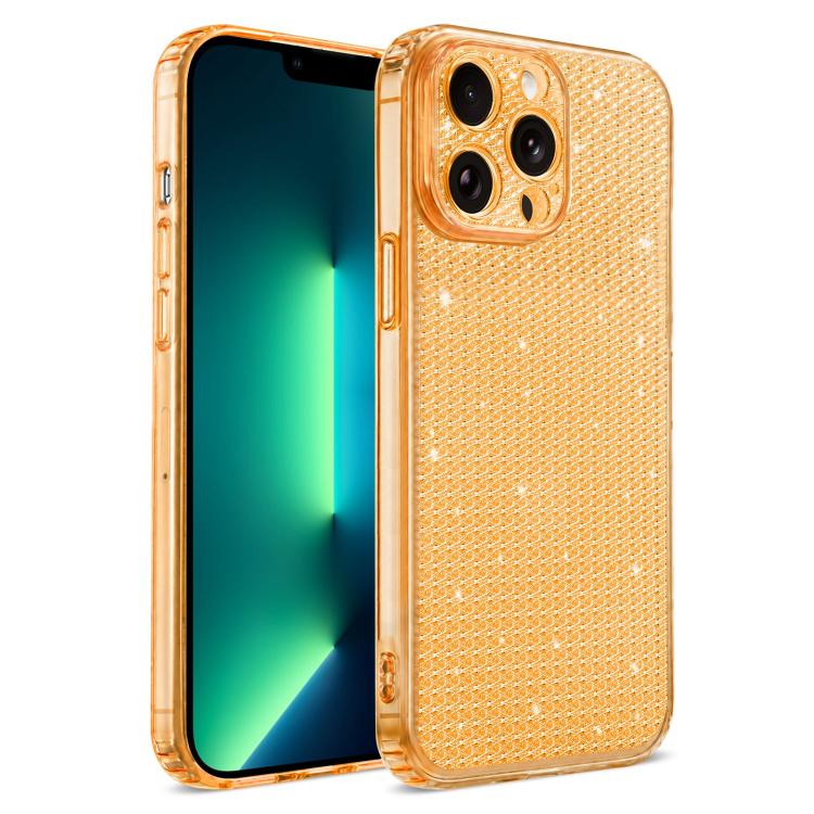 For iPhone 13 Pro Max Sparkling Diamond Glitter Airbag Phone Case(Orange)