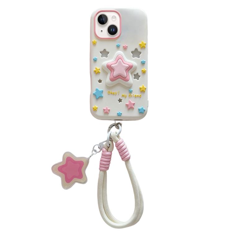 For iPhone 14 Hollow Pressable Star Silicone Phone Case with Lanyard(White)
