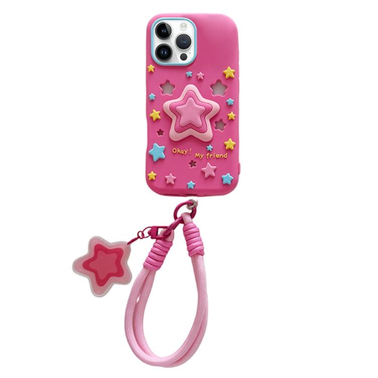 For iPhone 13 Pro Hollow Pressable Star Silicone Phone Case with Lanyard(Rose Red)