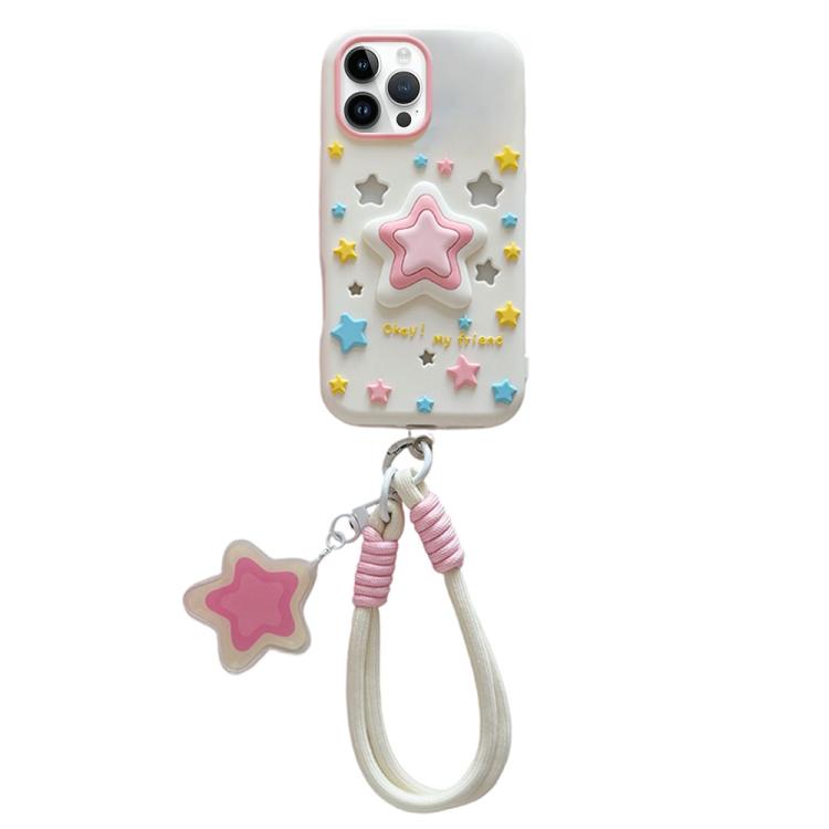 For iPhone 12 Pro Max Hollow Pressable Star Silicone Phone Case with Lanyard(White)