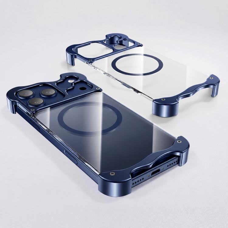For iPhone 17 Pro Frameless Metal Clear Shockproof Bumper Magnetic Phone Case(Blue)