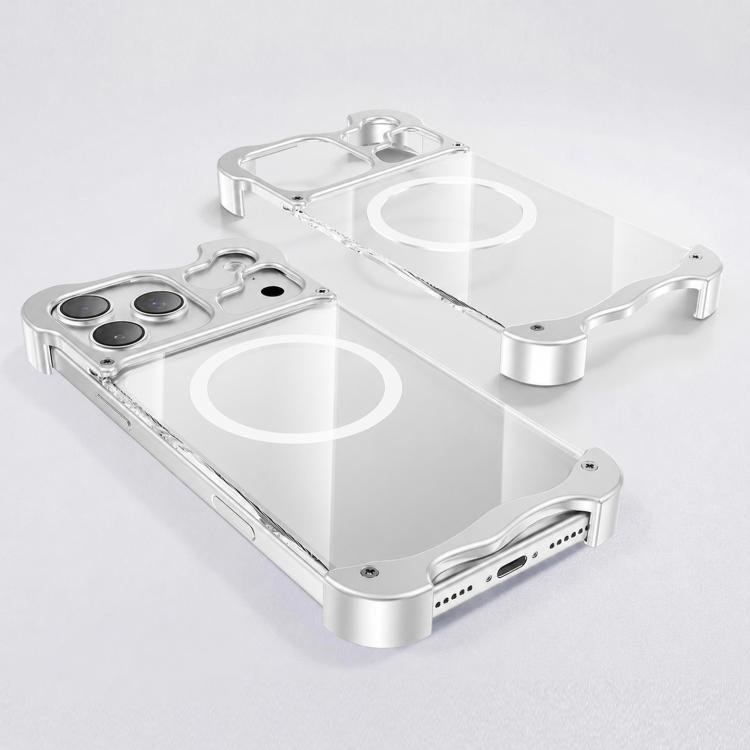 For iPhone 17 Pro Max Frameless Metal Clear Shockproof Bumper Magnetic Phone Case(White)