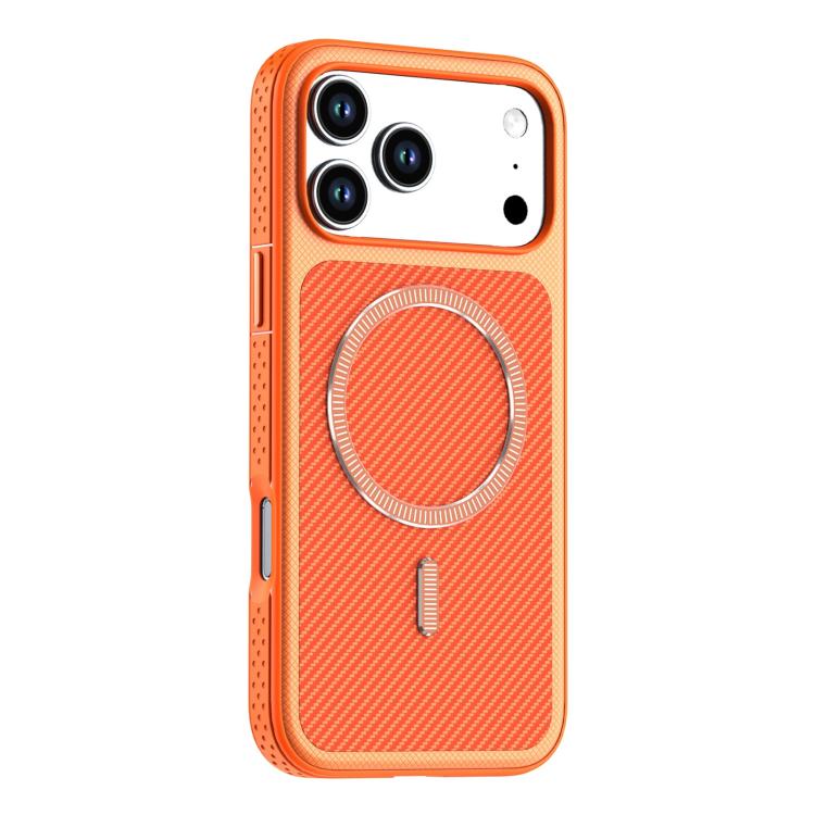For iPhone 18 Pro Max Carbon Fiber Texture Vegan Leather Magnetic Phone Case(Orange)