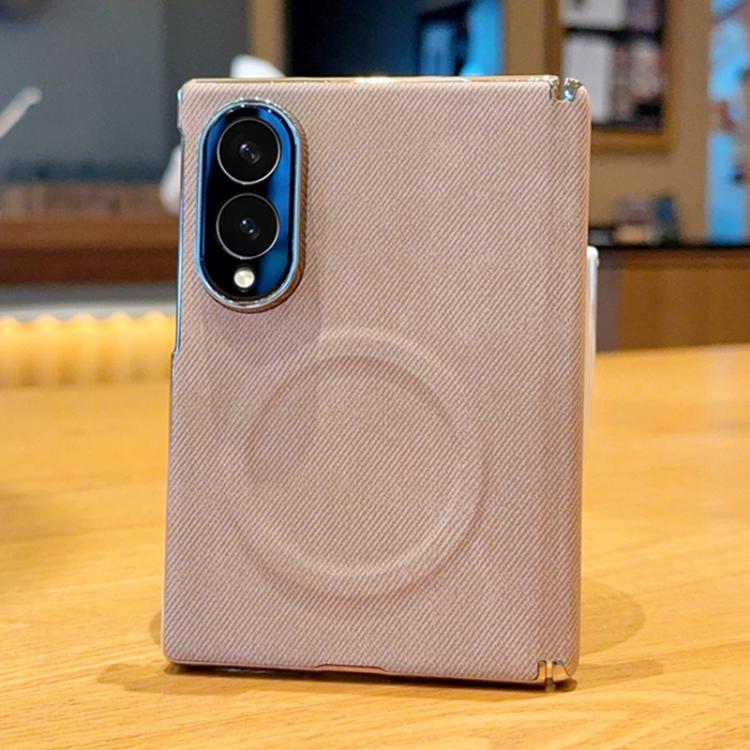 

For Galaxy Z Fold8 5G Electroplate Dual-Hinge Denim Texture Magnetic Phone Case(Khaki)