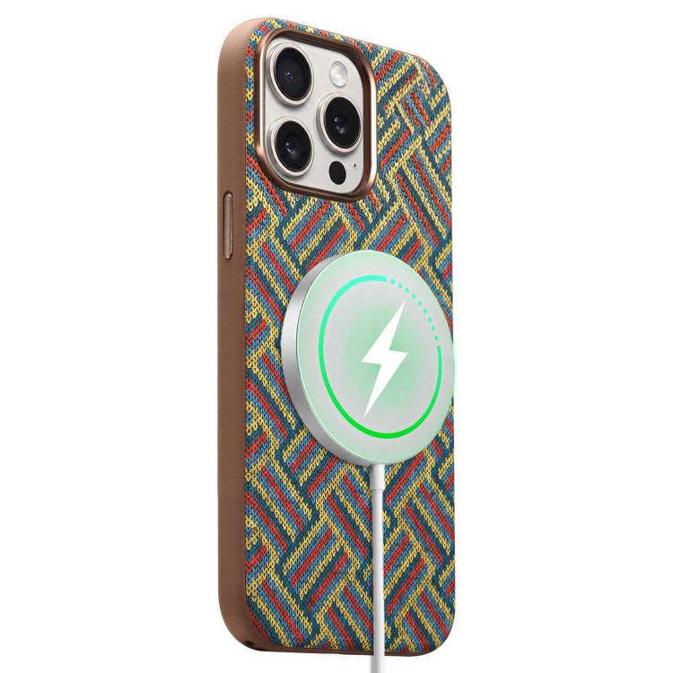 For iPhone 15 Pro Max Denior Vintage Boho Embroidery Style Magnetic Protective Phone Case(Green)