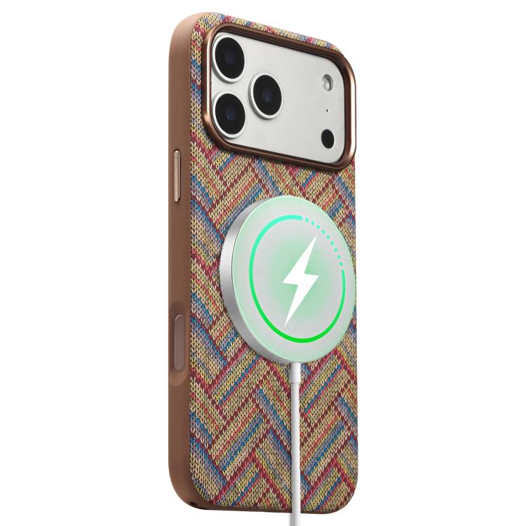 For iPhone 17 Pro Denior Vintage Boho Embroidery Style Magnetic Protective Phone Case(Khaki)