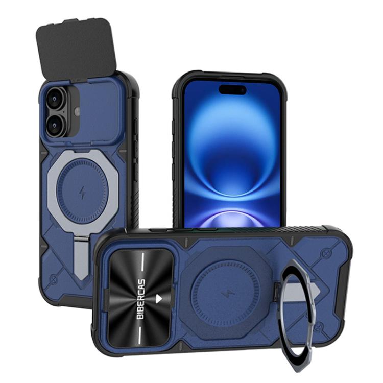 For iPhone 16 Plus Adventurer Series Flip Lens Cover Metal Kickstand Phone Case(Blue) — купить у Sunsky-online WW