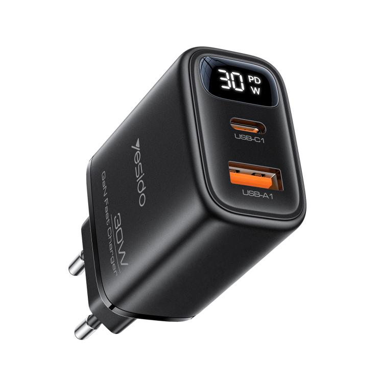 Yesido YC121 30W GaN USB / Type-C Fast Charger with Digital Display, Plug:EU Plug(Black)
