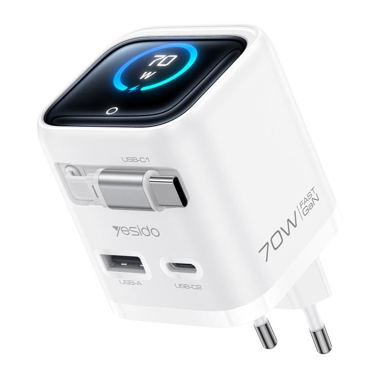 Yesido 70W GaN Fast Charger with Display and Retractable USB-C Cable 1 Yesido 70W GaN Fast Charger with Display and Retractable USB-C Cable