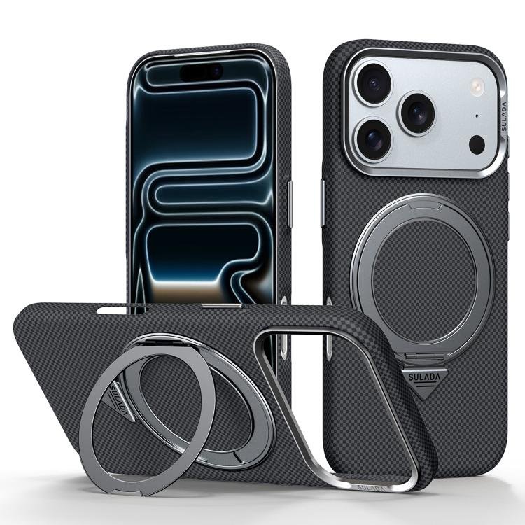 For iPhone 18 Pro Max SULADA Kevlar Grid Patterned Skin Feel Rotation Magnetic Holder Phone Case(Black)