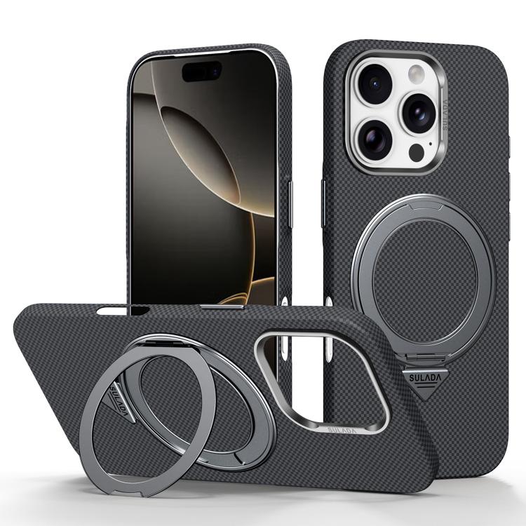For iPhone 16 Pro SULADA Kevlar Grid Patterned Skin Feel Rotation Magnetic Holder Phone Case(Black) — купить у Sunsky-online WW