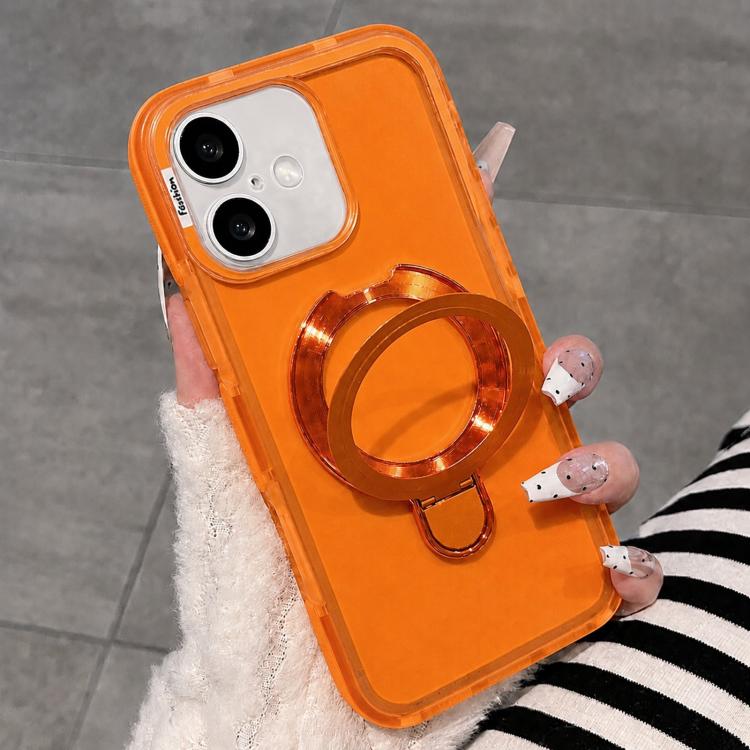 For iPhone 16 Dual-Color Translucent Matte Phone Case with Holder(Orange)