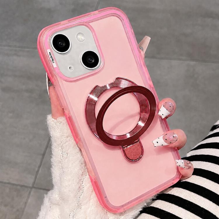 For iPhone 15 Dual-Color Translucent Matte Phone Case with Holder(Pink)