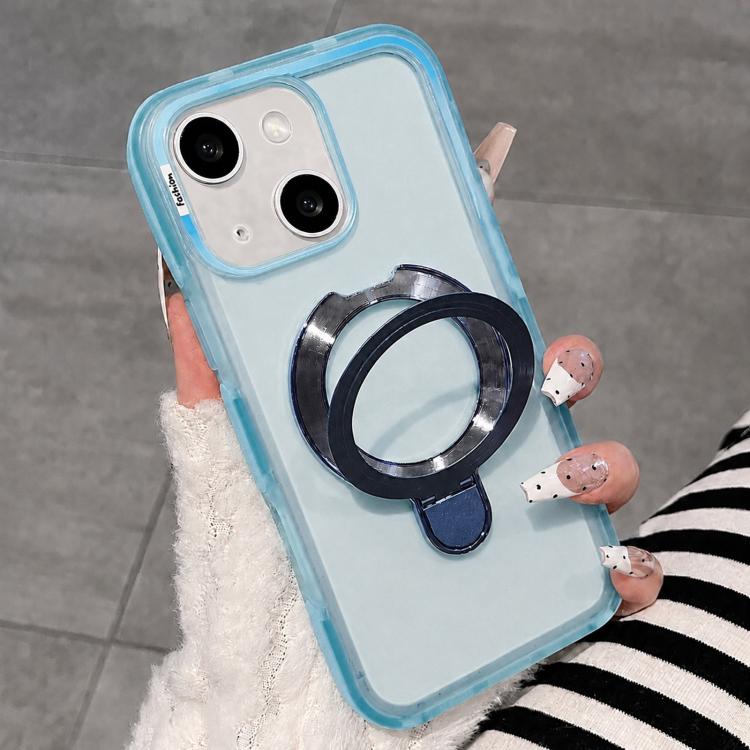For iPhone 14 / 13 Dual-Color Translucent Matte Phone Case with Holder(Blue)