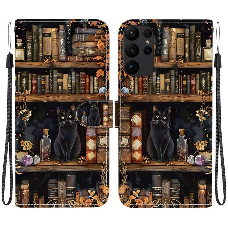 For Galaxy S23 Ultra 5G Crystal-Texture Painted Vegan Leather Phone Case(Bookstore Black Cat)