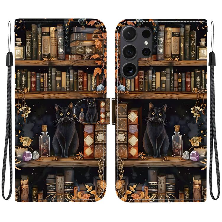 For Galaxy S24 Ultra 5G Crystal-Texture Painted Vegan Leather Phone Case(Bookstore Black Cat)