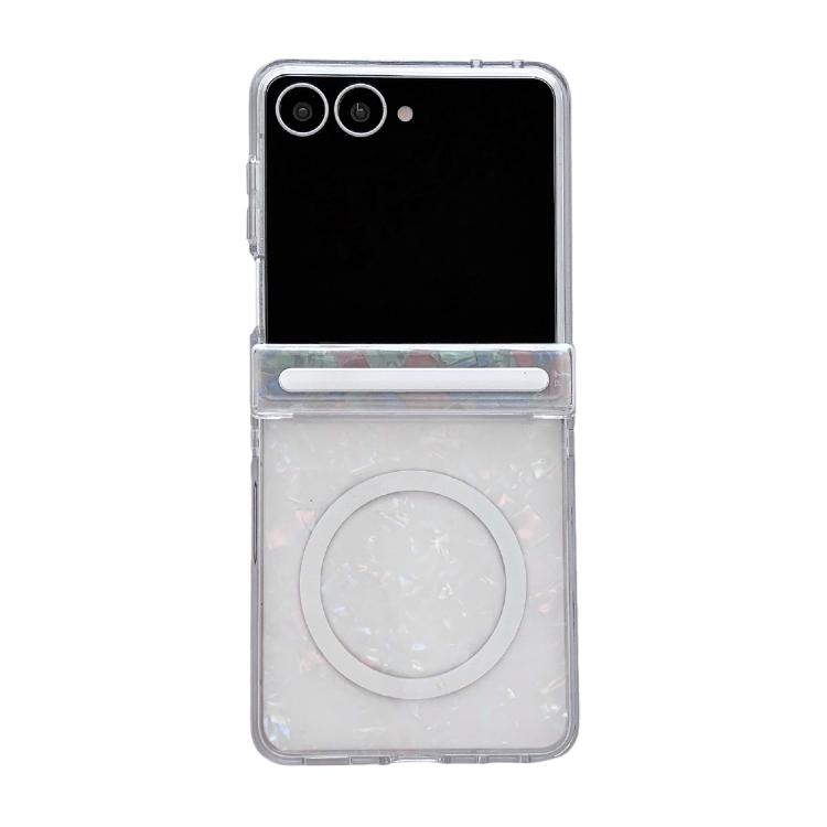 For Galaxy Flip7 5G Side Buckle Axis Pearlescent Shell Texture Magnetic Phone Case(Beige)
