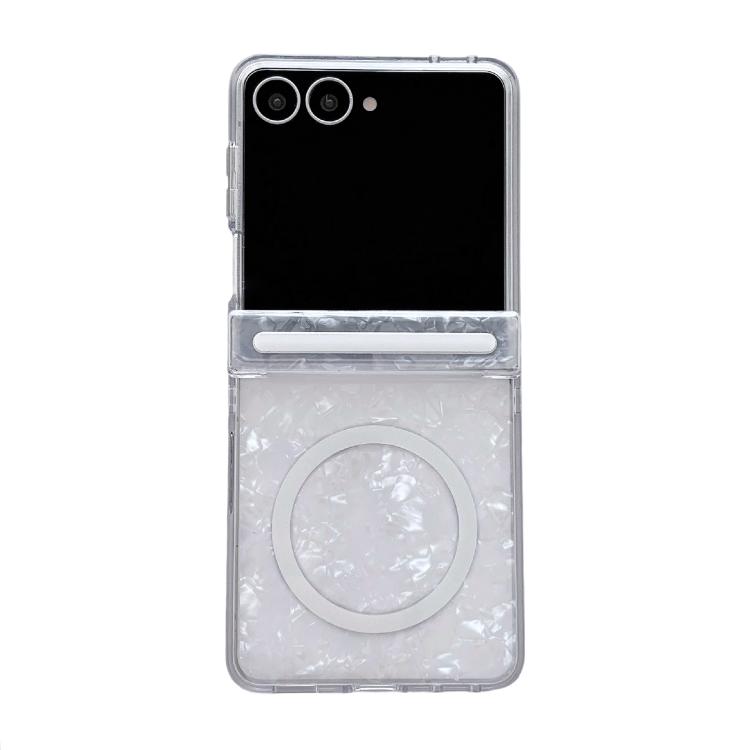 For Galaxy Z Flip8 5G Side Buckle Axis Pearlescent Shell Texture Magnetic Phone Case(White)