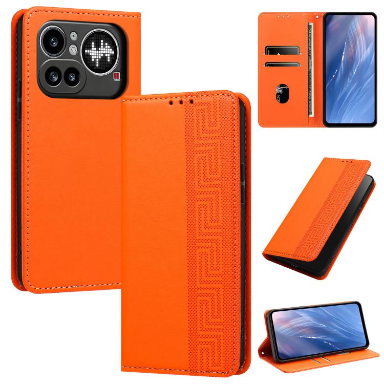 For Nothing Phone 4a Pro Embossed Meander Pattern RFID Vegan Leather Phone Case(Orange)