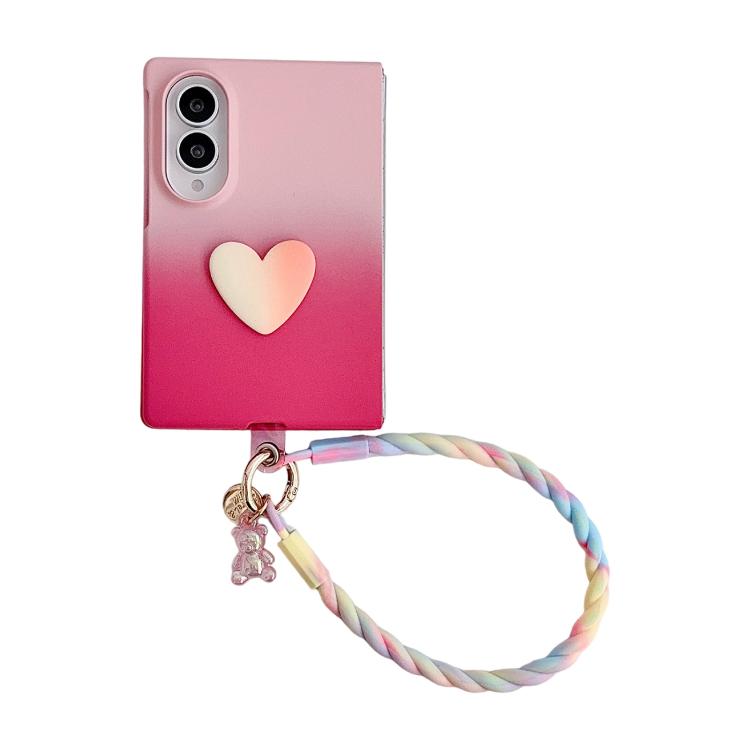 For Galaxy Z Fold8 5G Skin Feel Gradient Rose Pink DIY Heart Shaped Phone Case with Wrist Strap