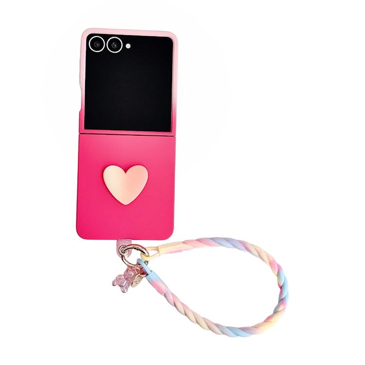 For Galaxy Z Flip8 5G Skin Feel Gradient Rose Pink DIY Heart Shaped Phone Case with Wrist Strap