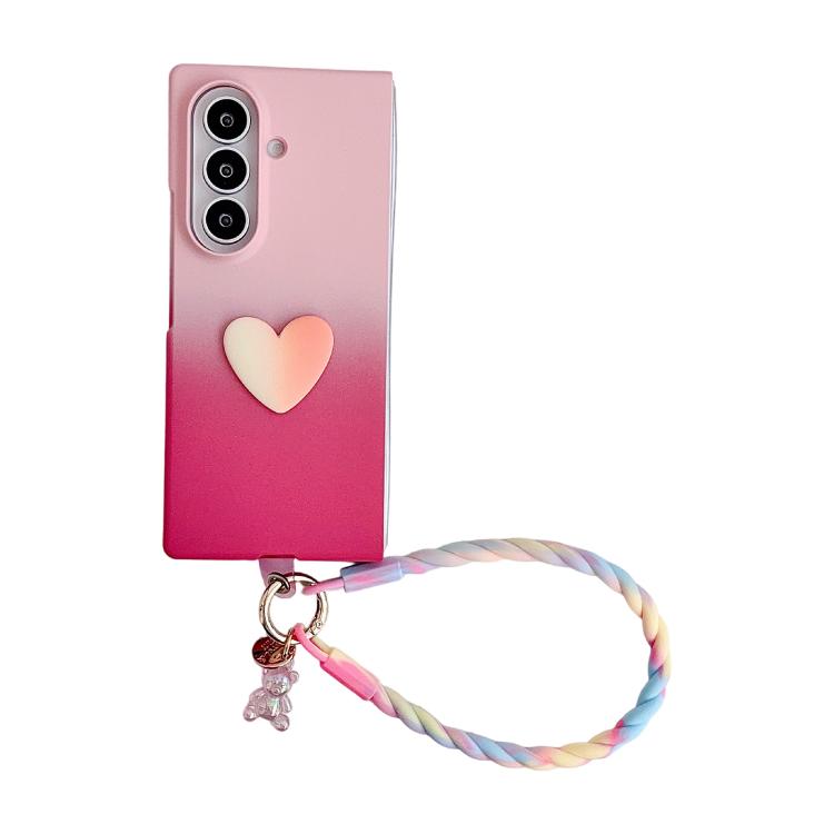 For Galaxy Z Fold5 5G Skin Feel Gradient Rose Pink DIY Heart Shaped Phone Case with Wrist Strap