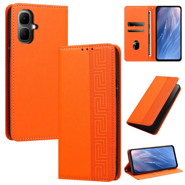 For Infinix Smart 10 4G / Spark Go 2 Embossed Meander Pattern RFID Vegan Leather Phone Case(Orange)