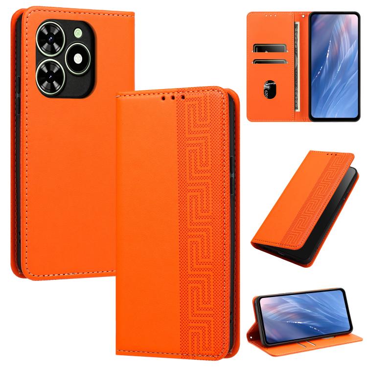 For Tecno Spark Go 2024 / Spark 20 4G Embossed Meander Pattern RFID Vegan Leather Phone Case(Orange)