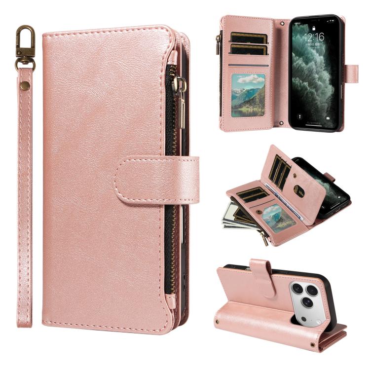 For iPhone 18 Pro / 17 Pro P03 Imitation Calf Leather 9 Card Slots Zipper Phone Case with Wrist Strap(Rose Gold)