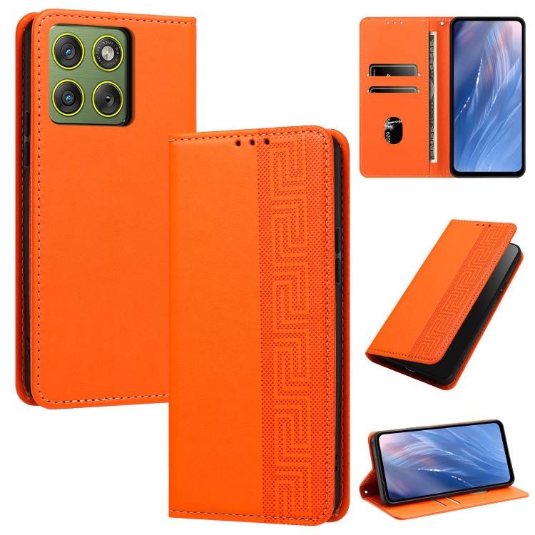 For Motorola Edge 5G 2026 Embossed Meander Pattern RFID Vegan Leather Phone Case(Orange)