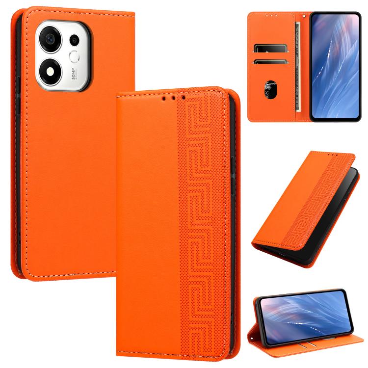 For Honor 600 Smart Embossed Meander Pattern RFID Vegan Leather Phone Case(Orange)