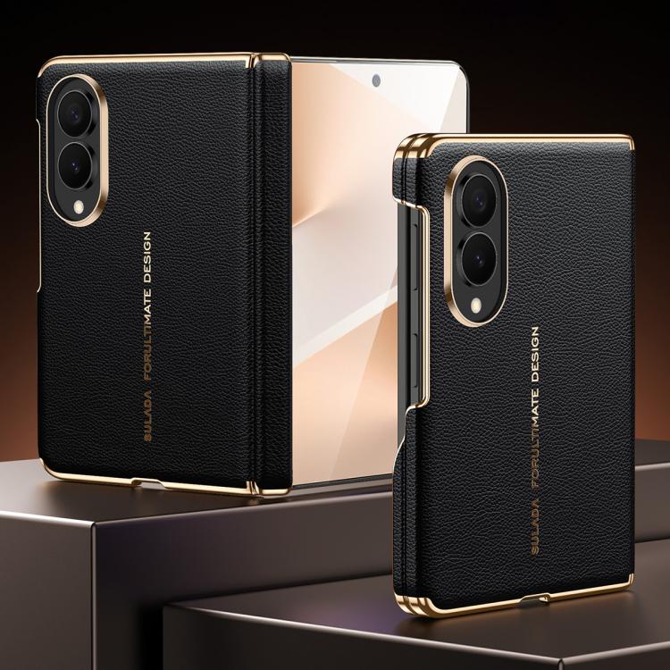 For Galaxy Z Fold8 5G SULADA Electroplated Frame Dual-Axis Magnetic Genuine Leather Phone Case(Black)