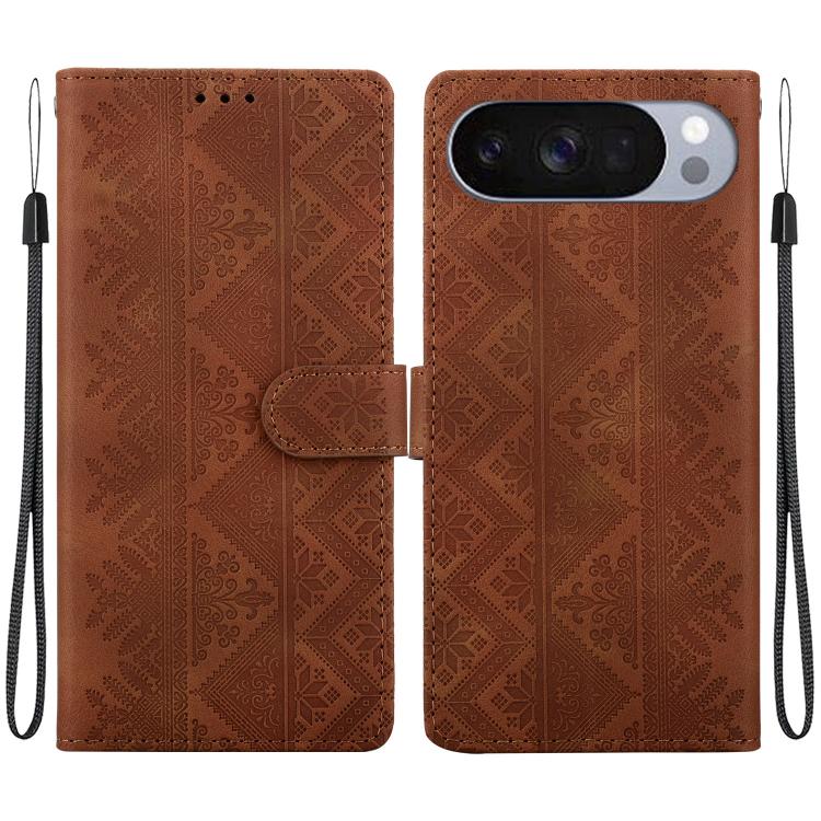 For Google Pixel 11 Pro XL / Pixel 10 Pro XL Ethnic Pattern Embossed Vegan Leather Phone Case(Brown)