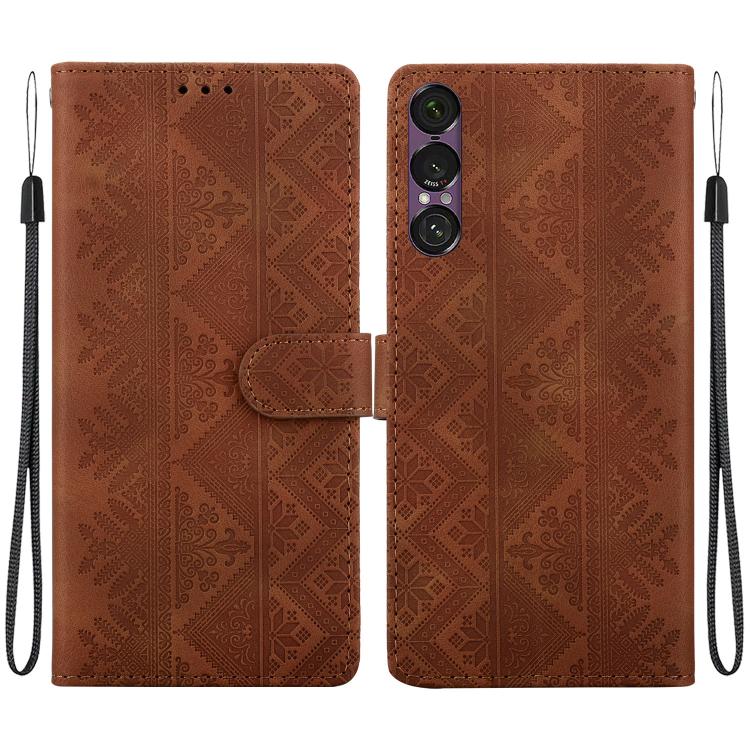 For Sony Xperia 1 VII Ethnic Pattern Embossed Vegan Leather Phone Case(Brown)