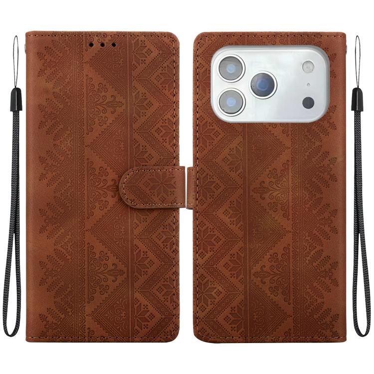 For iPhone 18 Pro Ethnic Pattern Embossed Vegan Leather Phone Case(Brown)