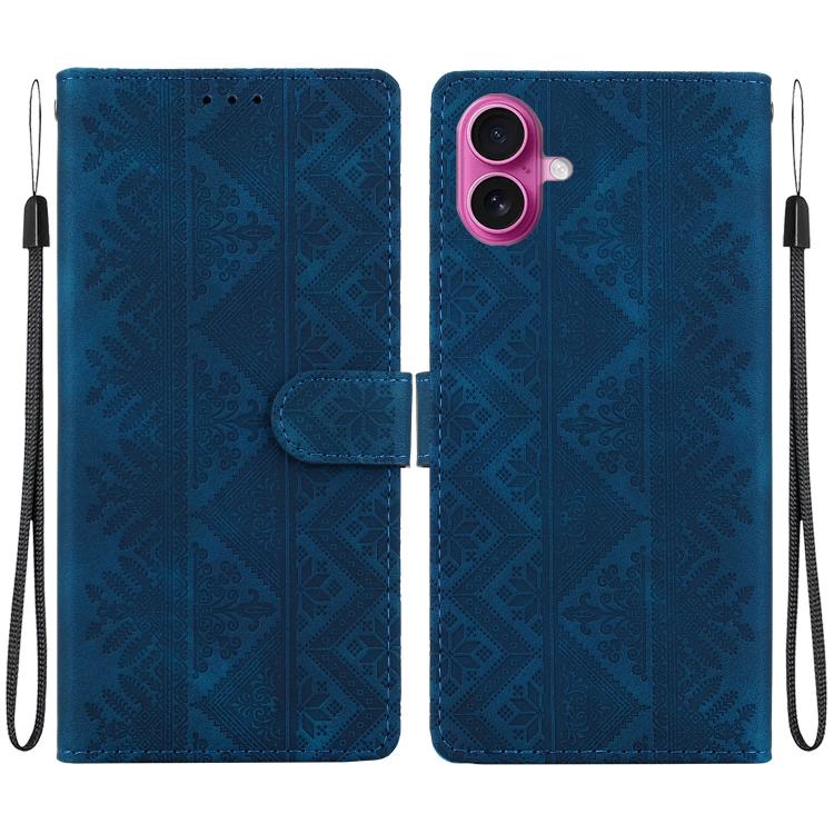 For iPhone 17 Ethnic Pattern Embossed Vegan Leather Phone Case(Dark Blue)