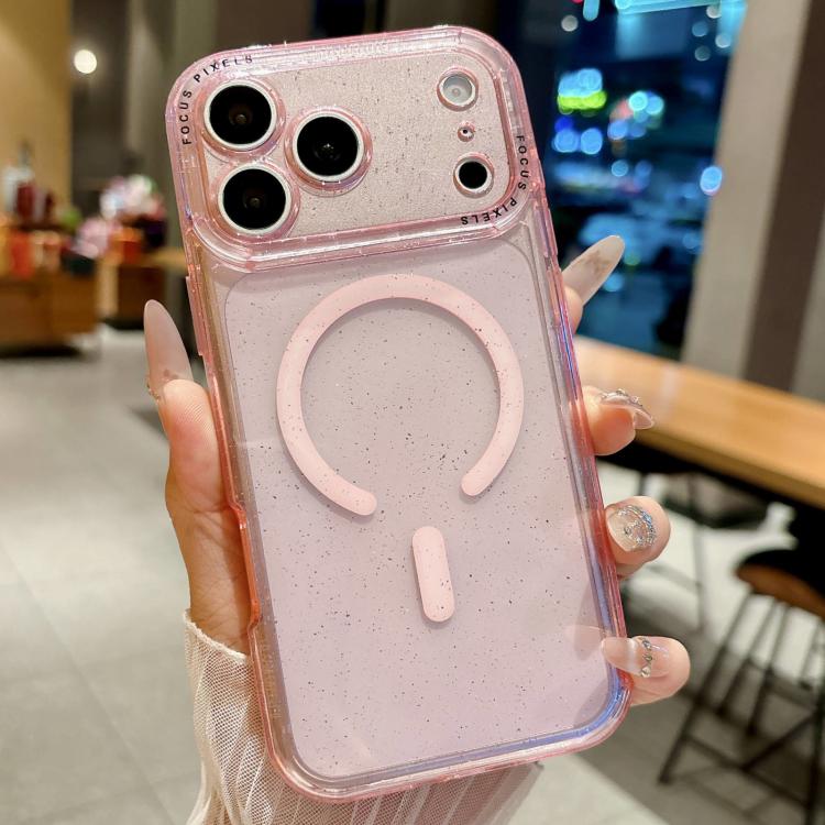For iPhone 17 Pro Max Glitter Letter Lens Frame Magnetic Phone Case(Pink)